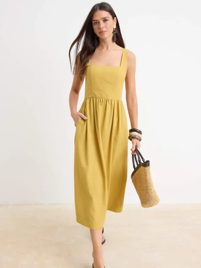 Trendyol TRENDYOLMİLLA Dames Geel Effen Midi Mouwloos Casual Skater Jurken Mosterdgeel
