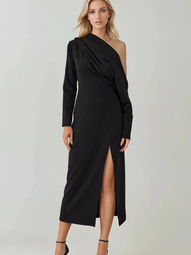 Hiccup Asymmetrische Kraag Bodycon Midi Jurk met Splits Zwart