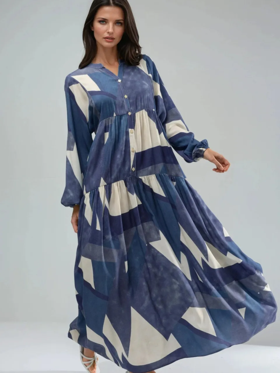 Hiccup Geprinte Lange Mouwen Viscose Maxi Jurk marineblauw, foto 2