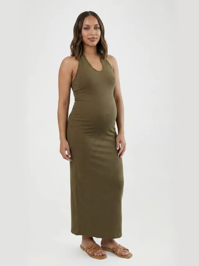 boohoo Dames Zwangerschaps Ribgebreide Halternek Maxi Jurk Kaki