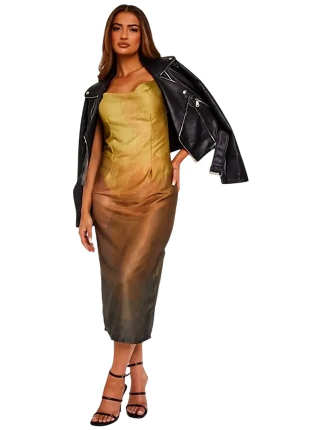Missyempire Missy Empire Midi-jurk met cowl-hals en ombre-effect van satijn voor dames (Olijf) Olijfgroen