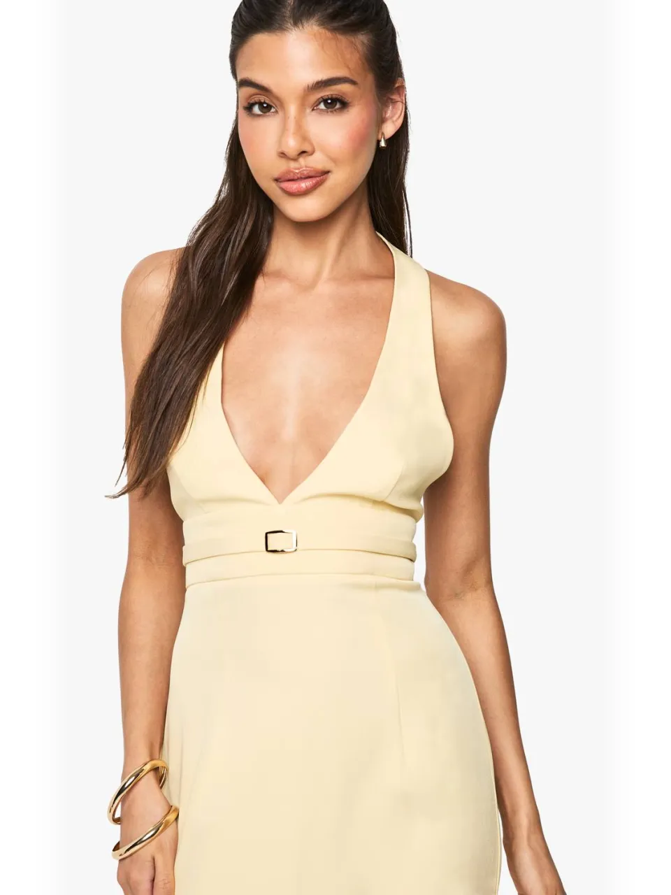 boohoo Dames Op maat gemaakte gespdetail halterneck midi jurk buttermilk, foto 2