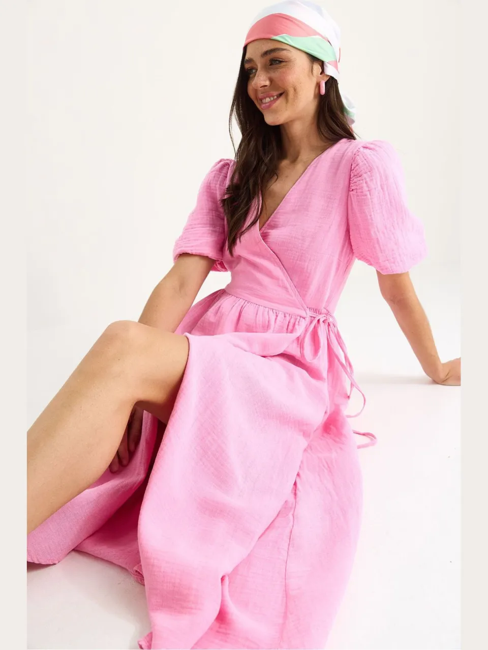 Bianco Lucci Gestructureerde V-hals Midi-jurk met Wikkelsluiting roze, foto 2