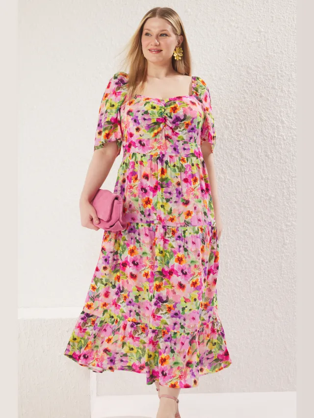 Trendyol Curve Dames Meerkleurig Bloemen Maxi Driekwart mouw Casual A-lijn Grote maten Jurk Veelkleurig