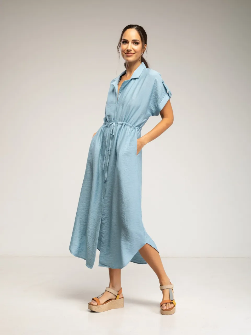 Tantra Midi-jurk met elastische taille en borst, rimpelmouwen en zakken blauw, foto 2