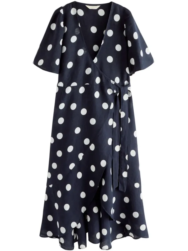 Next Dames - Midi-wikkeljurk van 100% linnen - Blauw Navy Blue/White Polka Dot