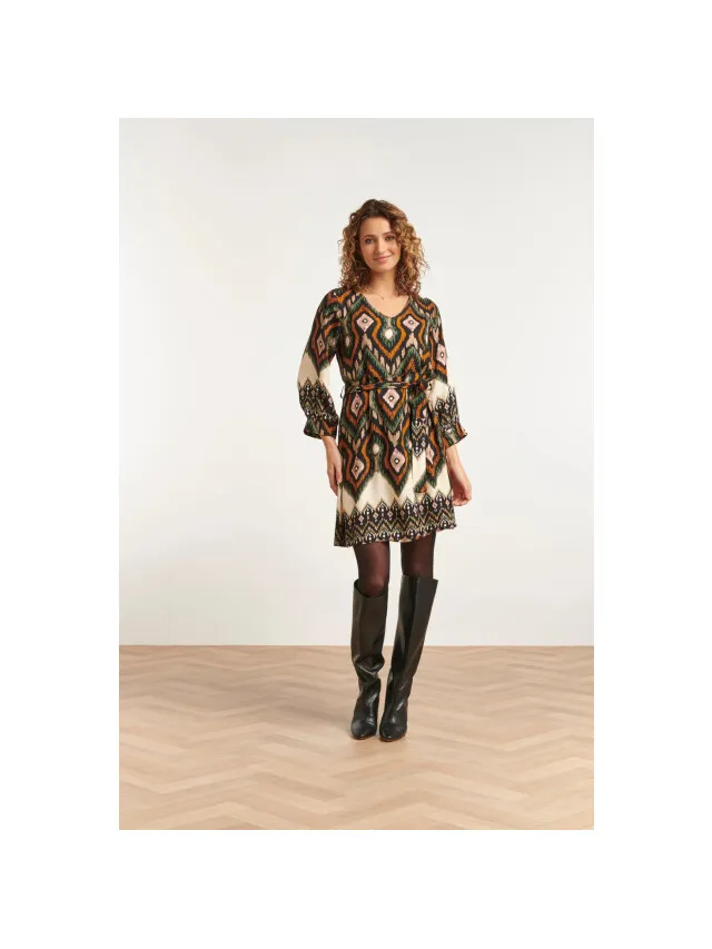 Smashed Lemon 23529 dames klassieke v-hals jurk met riemopvallende tribal print Zwart