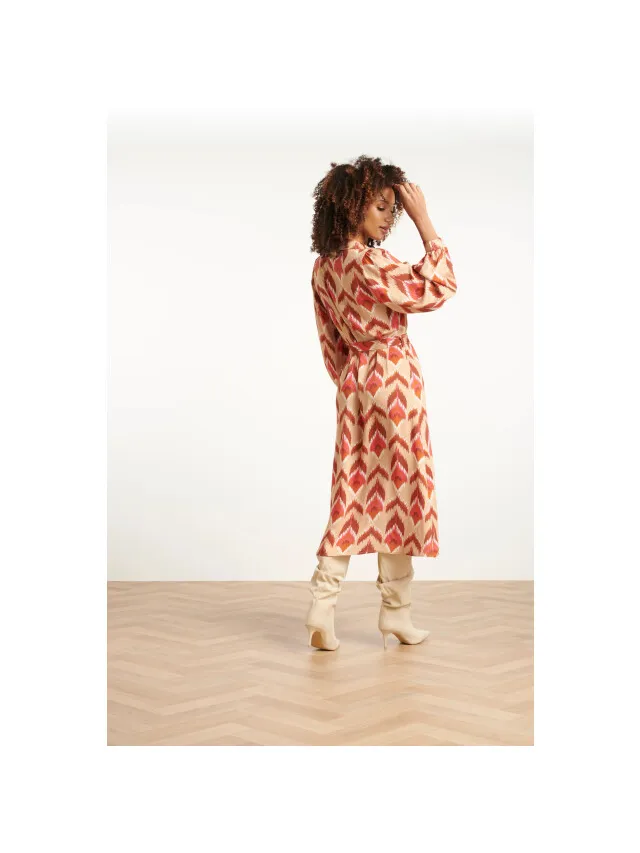 Smashed Lemon Aztec midi jurk in warmroze en camel, foto 2
