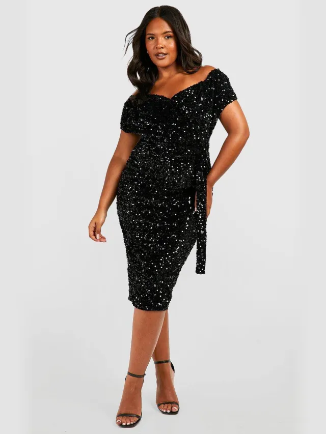 boohoo Dames Plus Pailletten Off-Shoulder Wikkel Midi Jurk Zwart