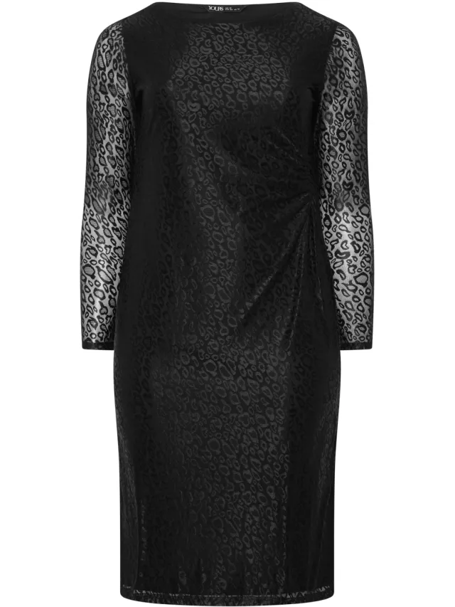 Yours Zwarte Midijurk Met Luipaardprint En Plooien Aan De Zijkant-60 Black