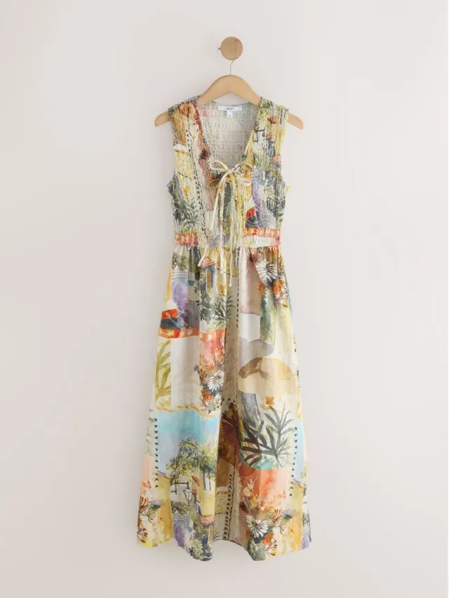 Next Dames - Maxi-jurk met gerimpeld lijfje en strik - Bruin Ecru/Yellow Scenic Print