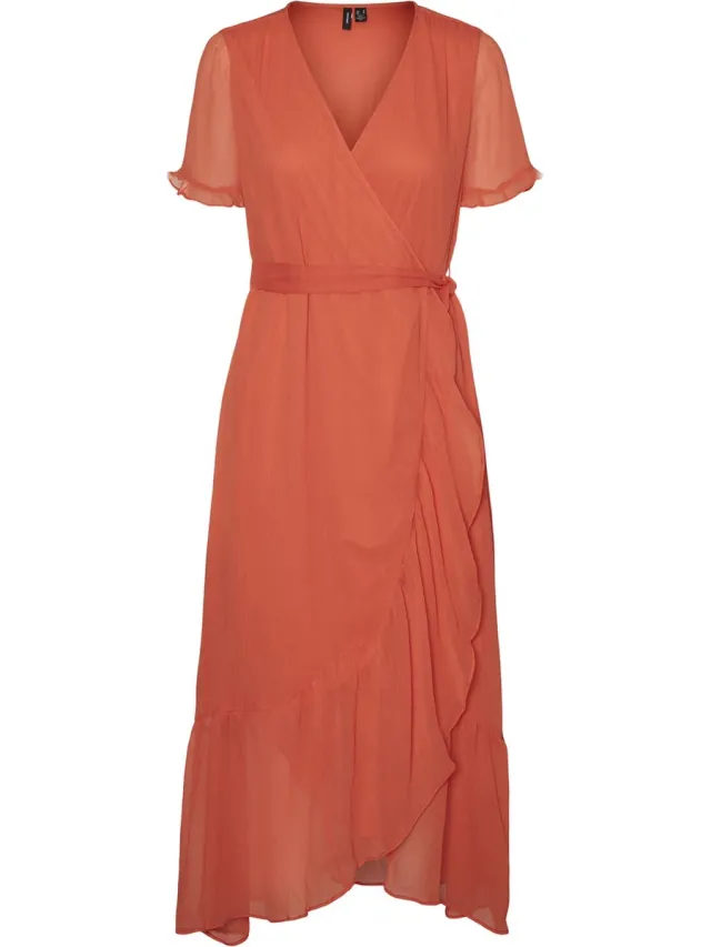 Vero Moda VMTUA S/S 7/8 WRAP DRESS WVN BTQ GA Dames Jurk cherry tomato