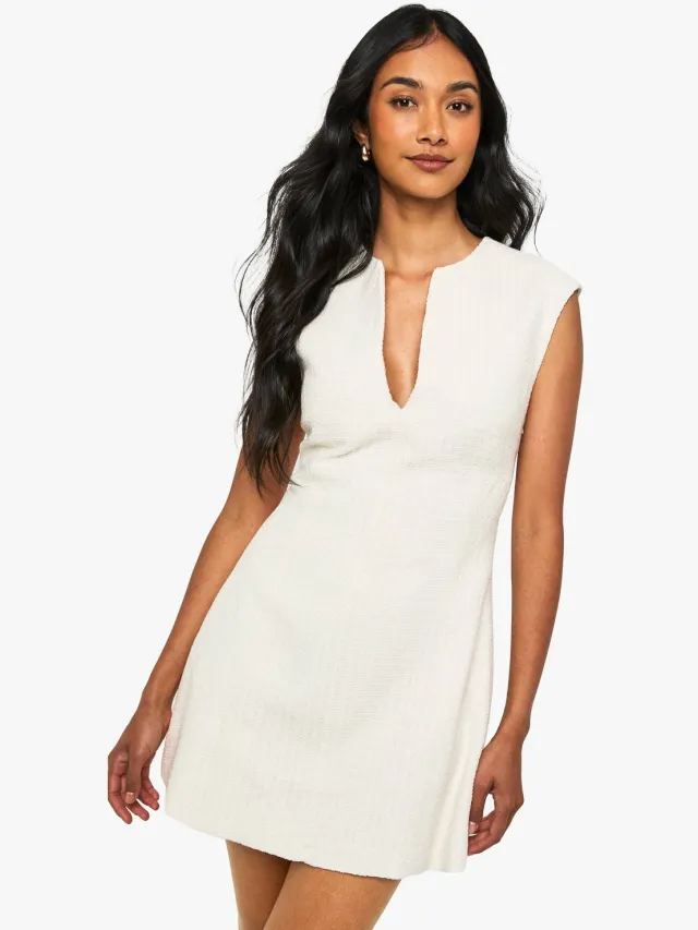 boohoo Dames Aangepaste Boucle V-hals shiftjurk ivoor, foto 3