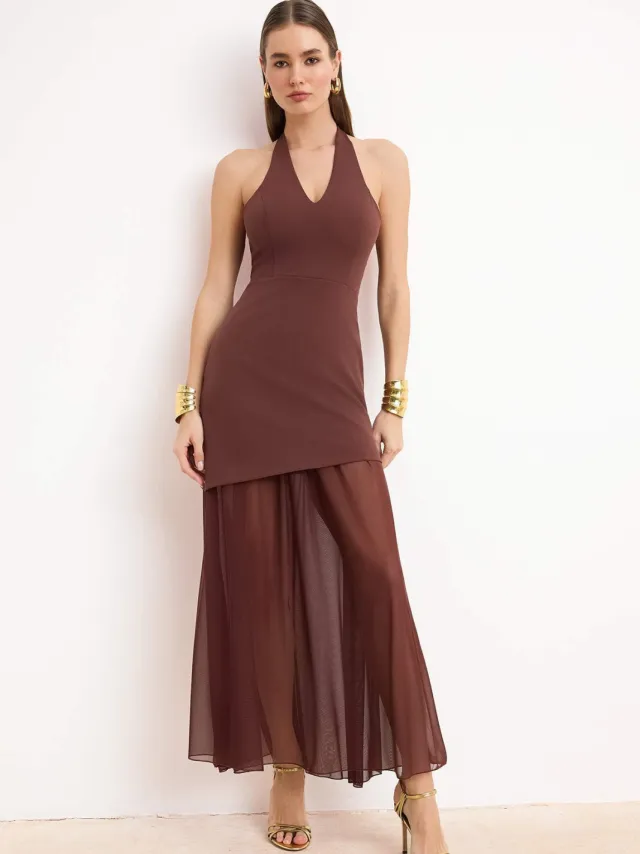 Turkishsouq Damesjurk in bruine, platte, mouwloze maxi-rok, geschikt voor afstuderen/gala, avond- of galajurk