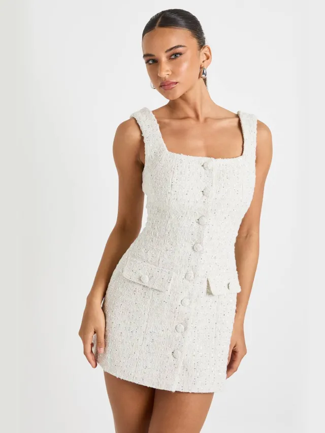 boohoo Dames Pailletten Boucle Vierkante Hals Getailleerde Mini-Jurk wit, foto 2