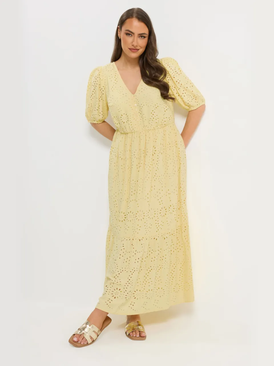 Yours Gele Gelaagde Maxijurk Met Broderie Anglaise geel, foto 2