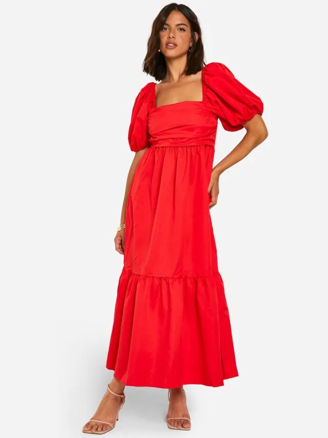 boohoo Dames Volume Puff Sleeve Midaxi Jurk Rood