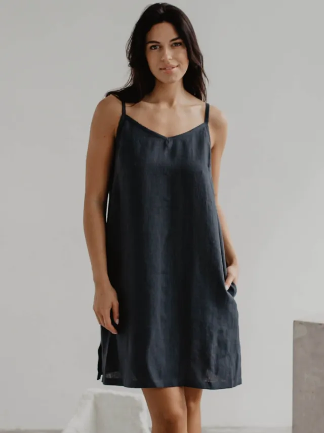 AmourLinen dames vegan Slipdress Zoe Antraciet Donkergrijs