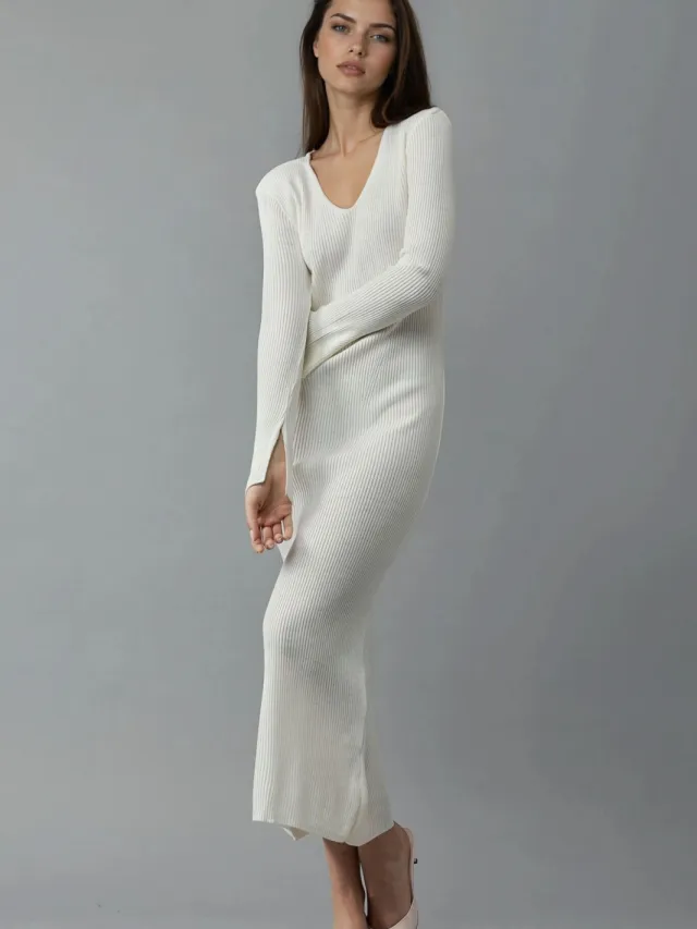 MyFashion V-hals Textured Maxi Gebreide Jurk met Split Gebroken wit