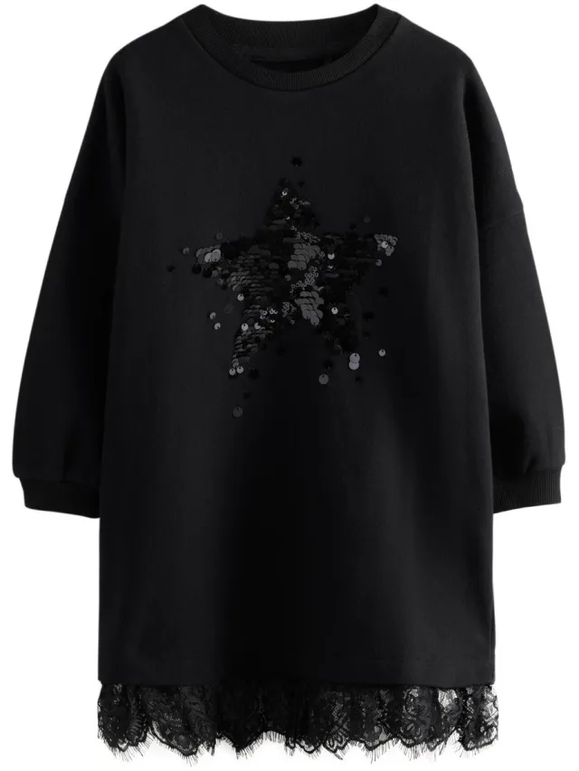 Next Meisjes - Trui-jurk met kanten zoom en lovertjes - Zwart Black