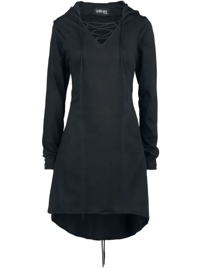 Gothicana zwarte middellange truijurk met capuchon en decoratieve versierde veters - Dames