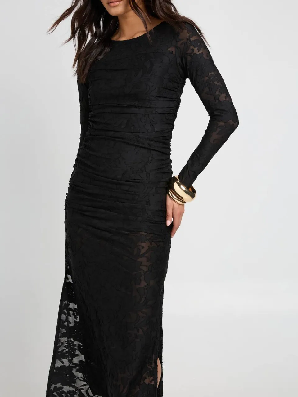 boohoo Dames Burnout Bloemen Lange Mouw Geplooid Body Midaxi Jurk zwart, foto 3