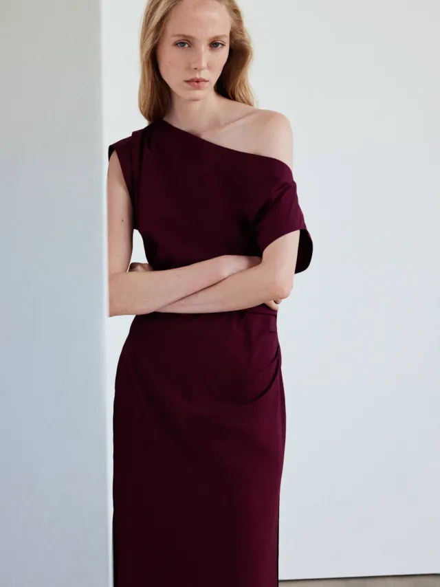 Mango off shoulder midi jurk - donkerrood