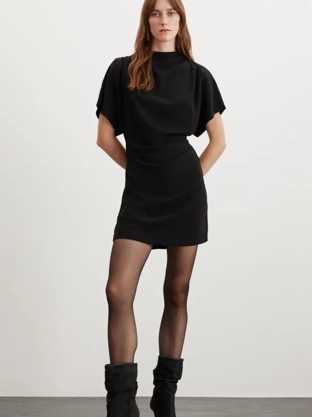 GRIMELANGE Geplooide mini-jurk met halfhoge col Zwart