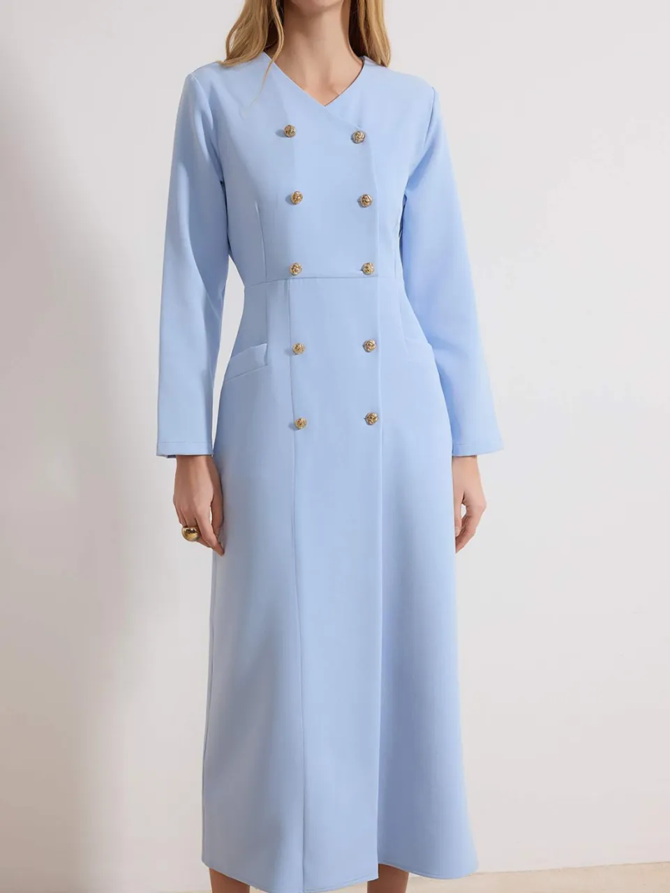 Trendyol Modest Dames Blauw Effen Maxi Lang Zakelijk Double-breasted Modest Jurken, foto 2