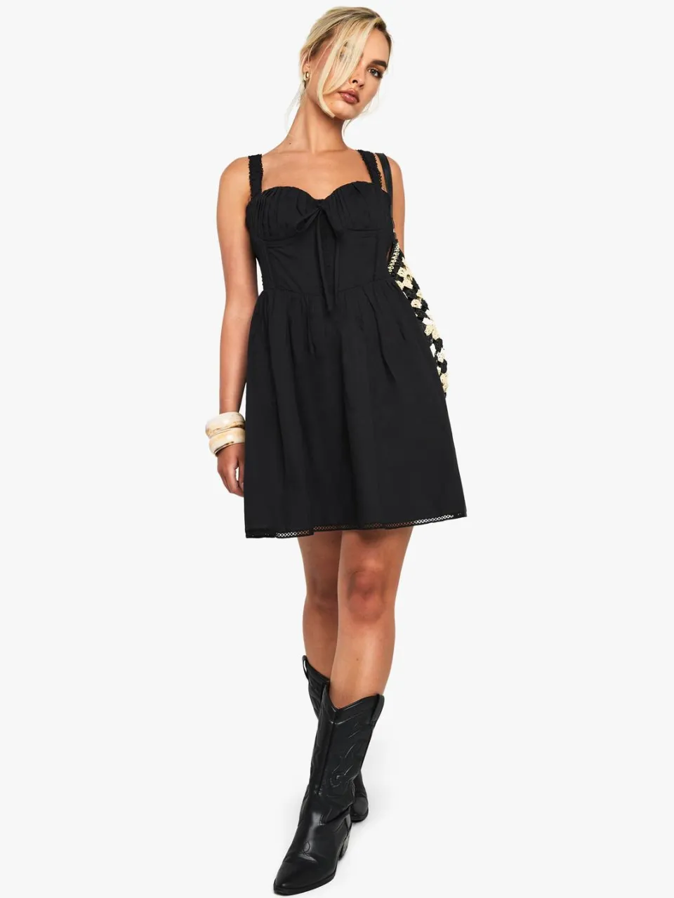 boohoo Dames Katoenen Melkmeisje Mini Jurk zwart, foto 2