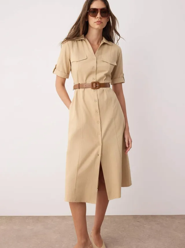 Trendyol TRENDYOLMİLLA Dames Beige Effen Midi Kort Avond / Dagelijks Blousejurk Jurken Taupe