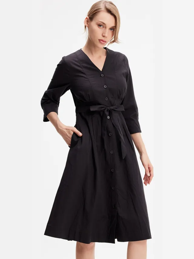 S&J Weekends Minimalistische katoenen shirtjurk met geknoopte riem Zwart