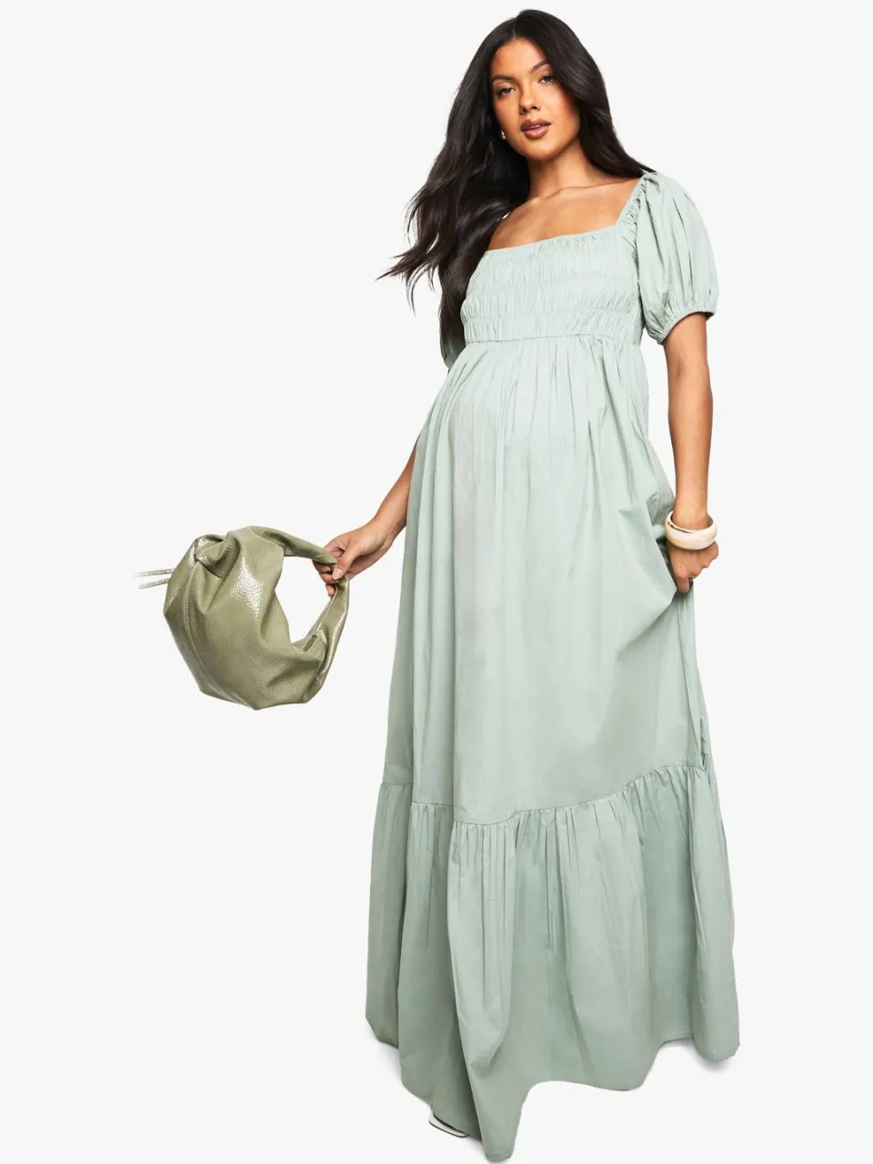 boohoo Dames MATERNITY KATOEN POPELijN PUFFMOUW MAXI-JURK verstandig, foto 3