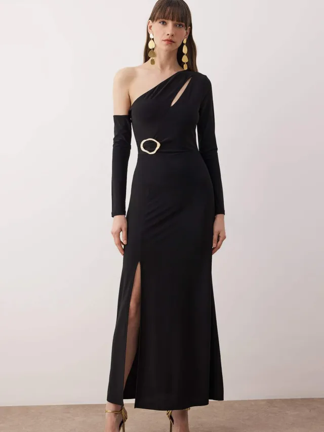 Trendyol TRENDYOLMİLLA Dames Zwart Effen Maxi Lang Diploma-uitreiking / Gala A-lijn Avond & Gala Jurk