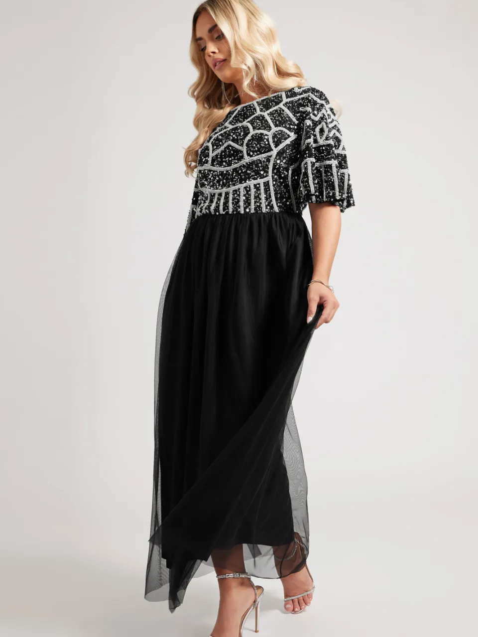 Luxe: Ultimate Embellishment Luxe Zwarte Abstracte Maxijurk Met Paillettensize 46, foto 2