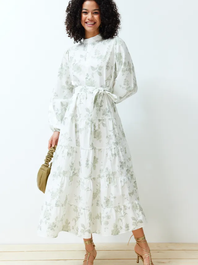 Trendyol Modest Dames Ecru Bloemen Maxi Lang Casual Skater Modest Jurken