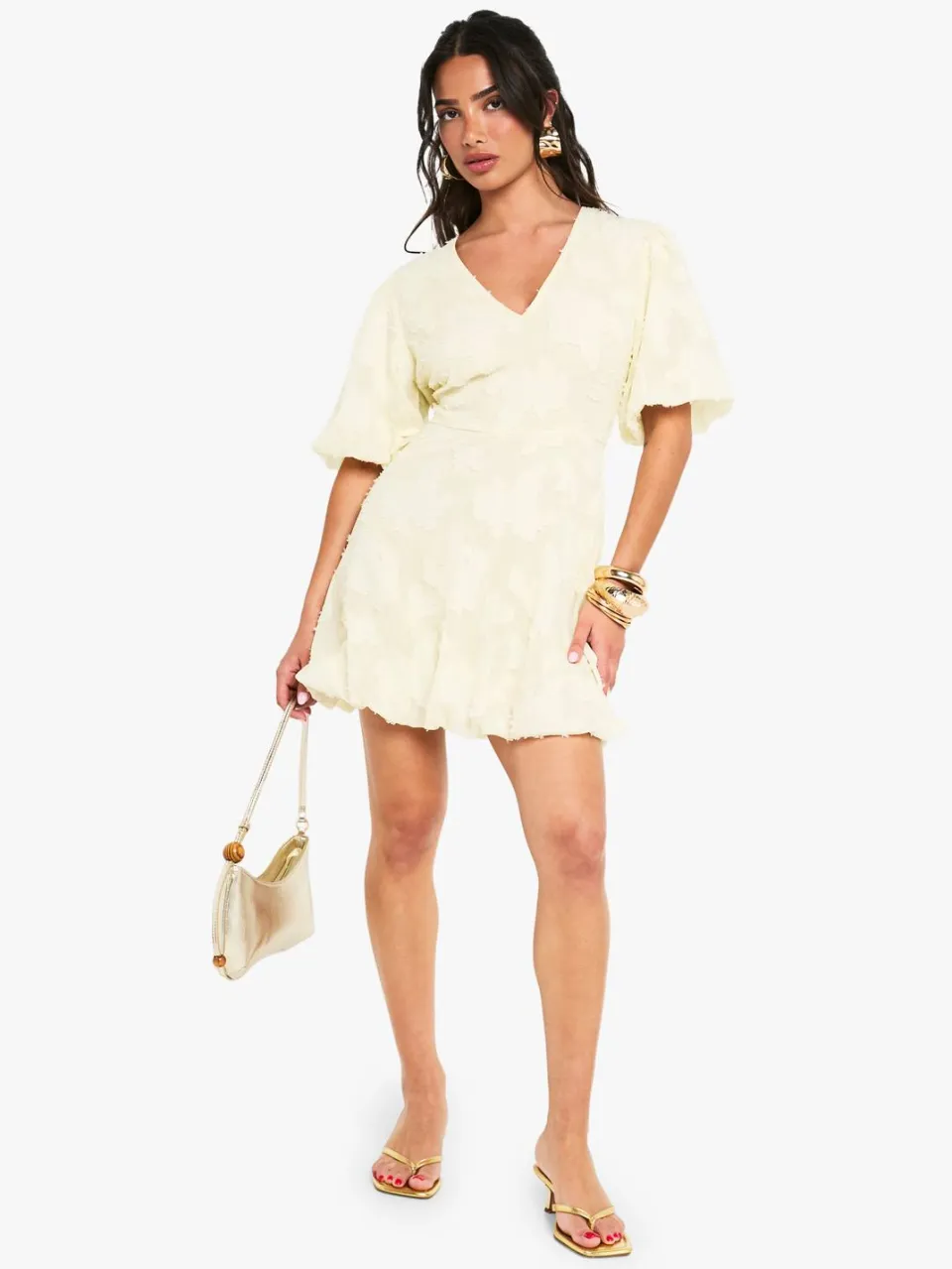 boohoo Dames Petite Floral Burnout Diep-Uitgesneden Puffball Mini-jurk citroen, foto 2