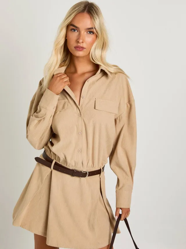 boohoo Dames Cord Blouson Shirt Mini-jurk Steen