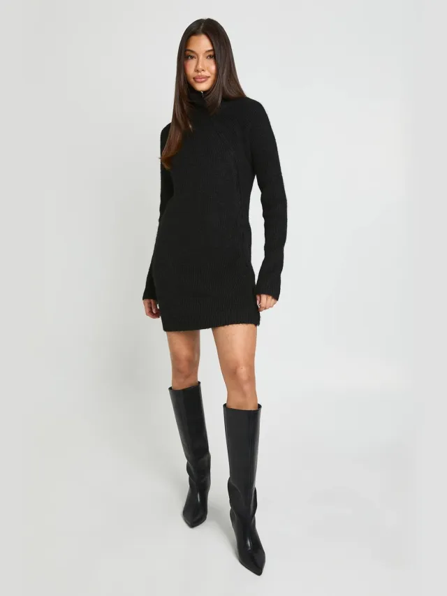 boohoo Dames Gebreide Mini-jurk Met Hoge Kraag En Ritssluiting Zwart