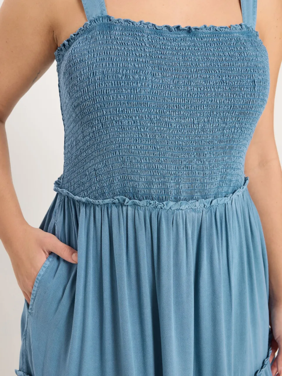Yours Blauwe Chambray Maxijurk Met Gesmokte Bandjes, foto 5