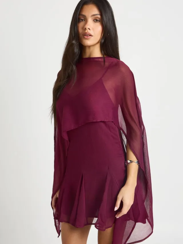 boohoo Dames Chiffon Mini Jurk Met Godet Zoom En Cape Detail Bessen
