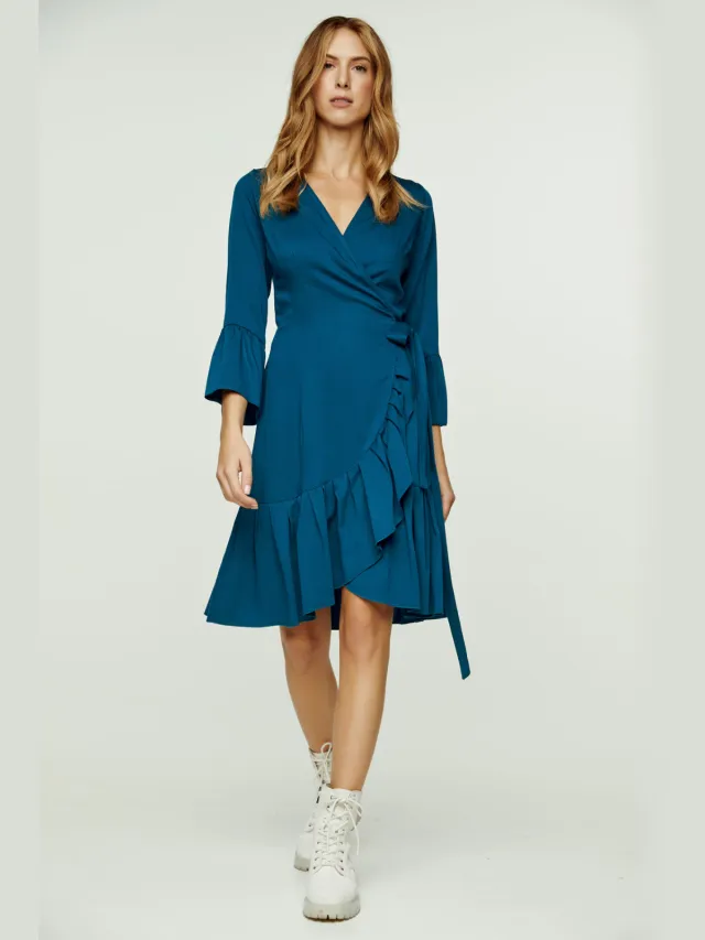 Conquista Petrol Wrap Dress Viscose met klokmouwen. Turquoise