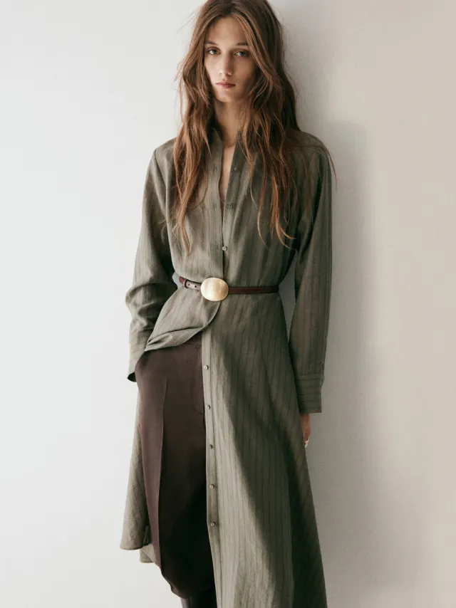 Mango blousejurk met krijtstreep, ceintuur en linnen - kaki