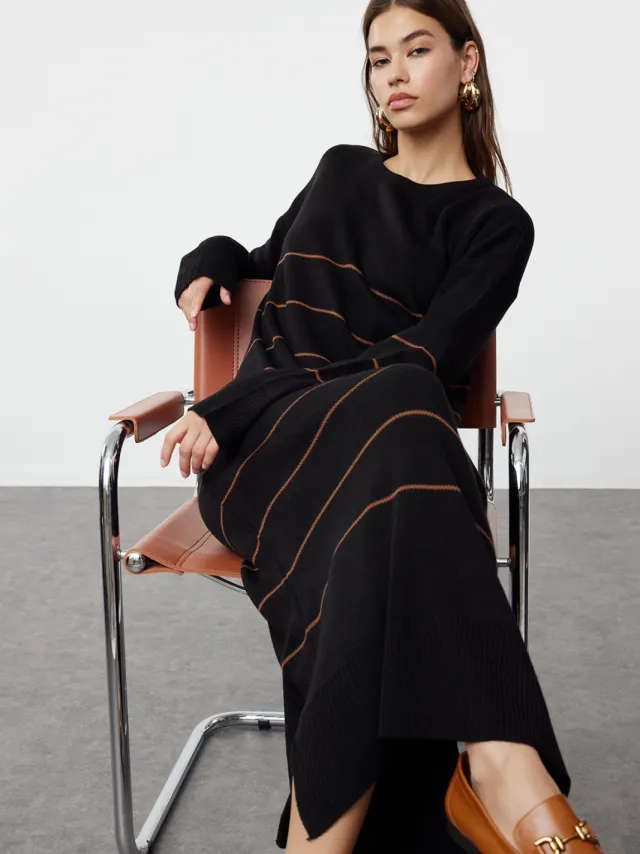 Trendyol Modest Dames Zwart Gestreept Maxi Lang Casual Recht Modest Jurken