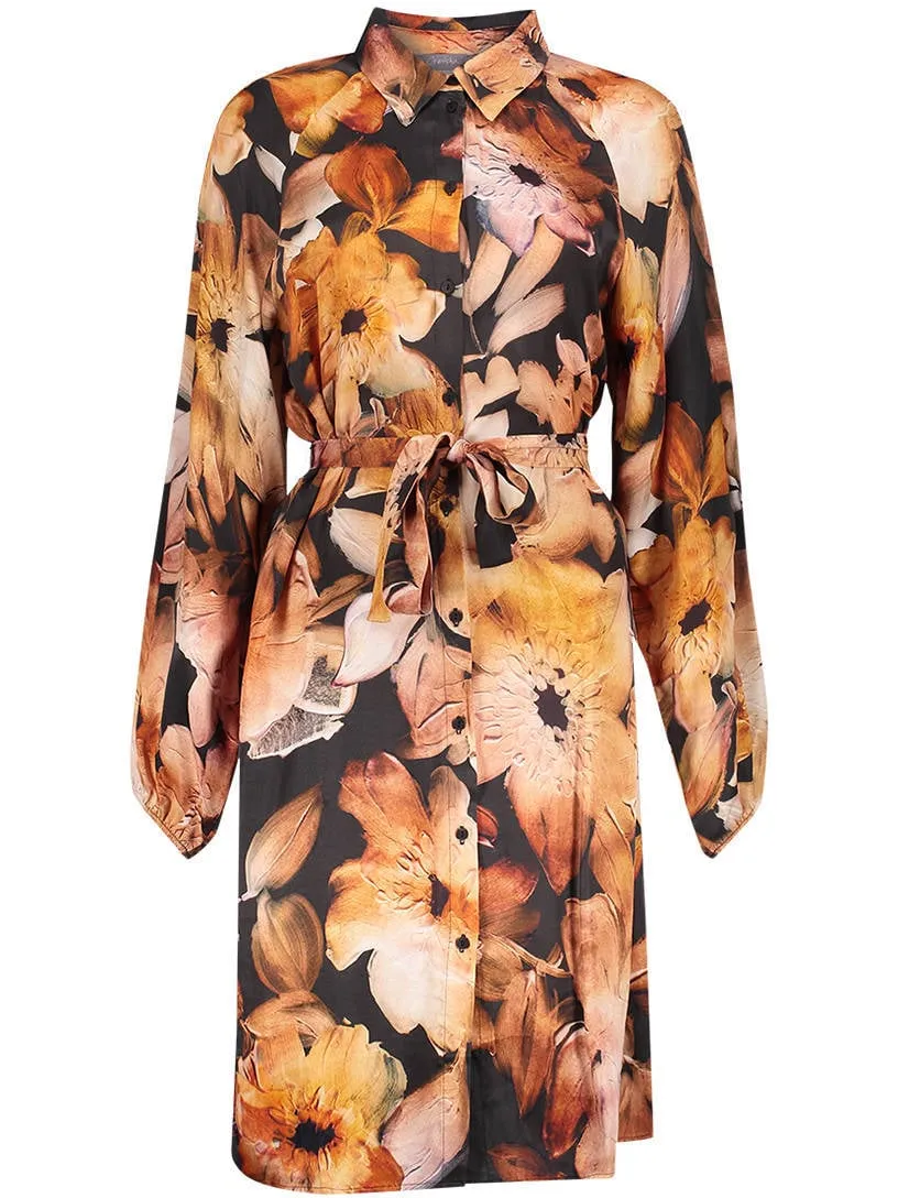 Geisha gebloemde midi blousejurk - zwart/oranje, foto 2