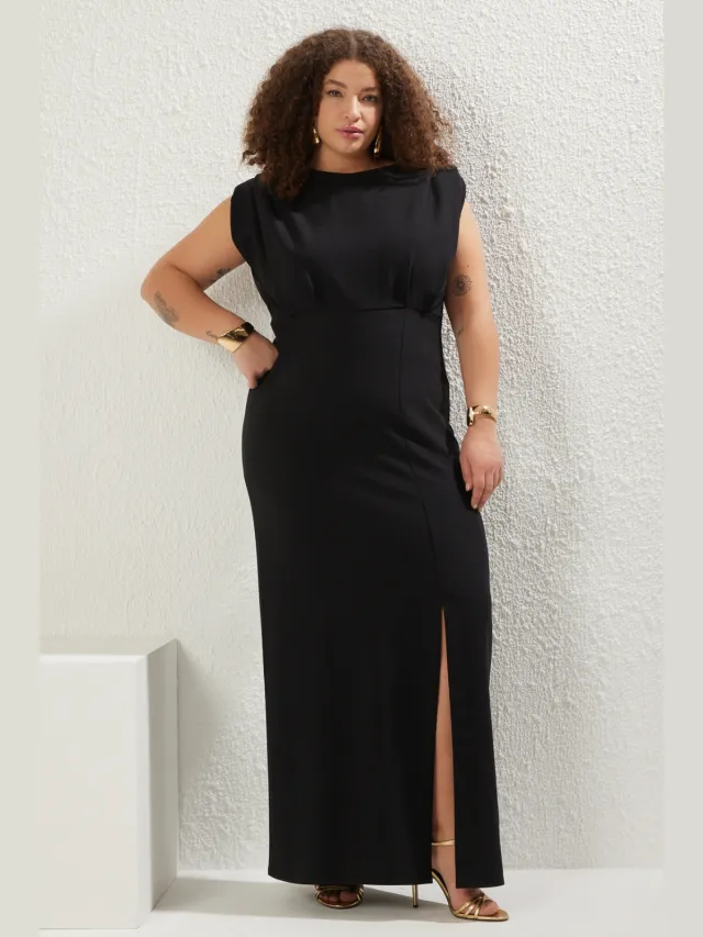 Trendyol Curve Dames Zwart Effen Maxi Lang Stijlvol/Avond A-lijn Grote maten Jurk