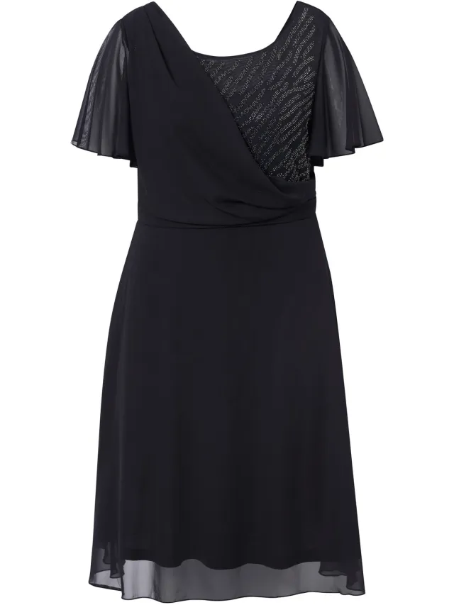Ulla Popken Dames - Midi-avondjurk chiffon gedrapeerd - Zwart