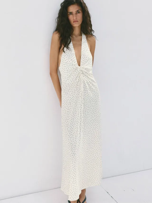 Mango halter midi jurk met stippen - wit Wit/zwart