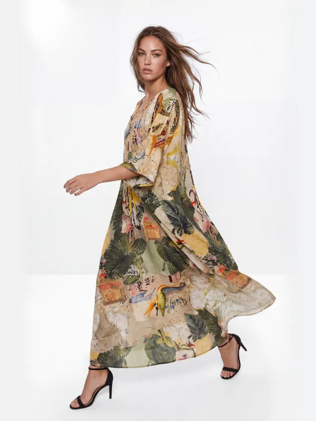 Trendyol Modest Dames Kaki Tropisch Maxi Lang A-lijn Modest Jurken