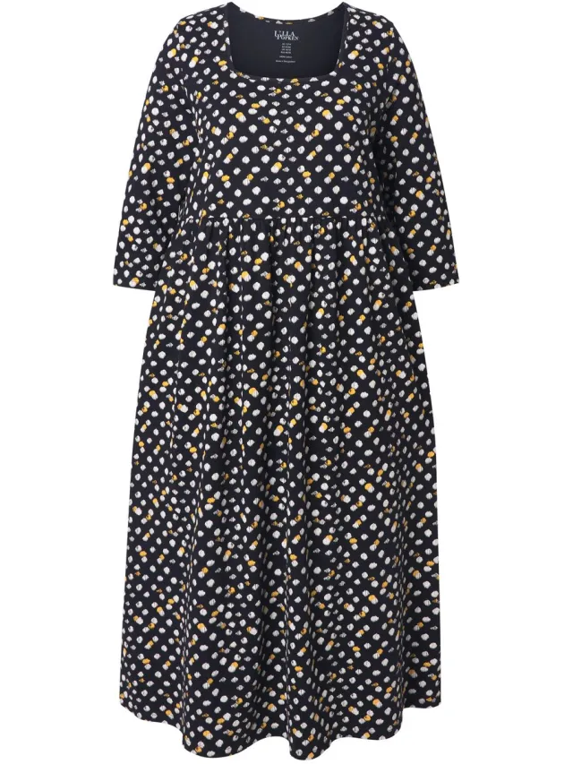 Ulla Popken Dames - Maxi-jurk stippen A-lijn carréhals 3/4-mouwen - Zwart - Maat 54+